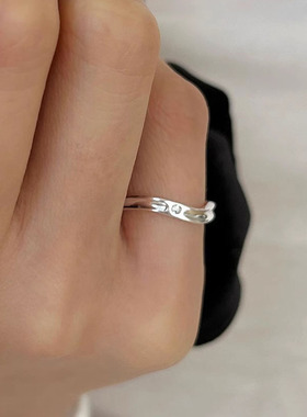 s925纯银波浪纹闪钻尾戒女ins小众极简设计关节戒可叠戴开口指环