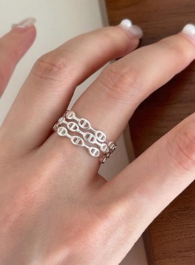 s925纯银猪鼻子戒指女ins小众设计感简约镂空猪鼻可叠戴开口指环