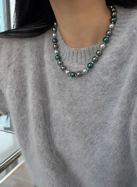 方糖家 秋冬孔雀绿色混彩珍珠元宝扣打结项链高级感轻奢毛衣链女