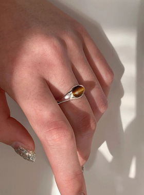 s925纯银虎眼石戒指女 秋冬美拉德风ins法式复古磨砂哑光质感指环