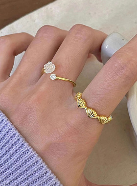 s925纯银贝壳戒指女ins夏季小清新甜美高级感简约百搭开口食指环