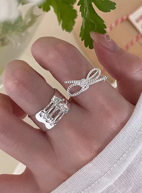 s925纯银蝴蝶结绑带戒指女ins轻奢小众设计精致简约闪钻开口指环