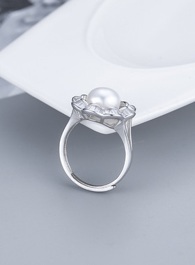 欧美爆款925纯银镶钻淡水珍珠花朵戒指指子女款DIY空托配件