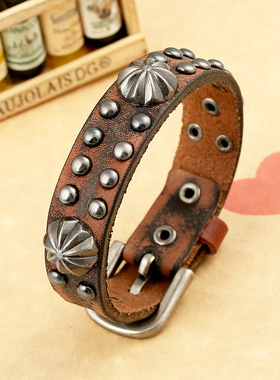 庞克饰品厂家直销热销真皮手链  复古牛皮手链 嘻哈朋克饰品