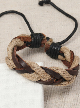 跨境热销饰品欧美复古风麻绳编织牛皮手链简约多层男女配饰手饰
