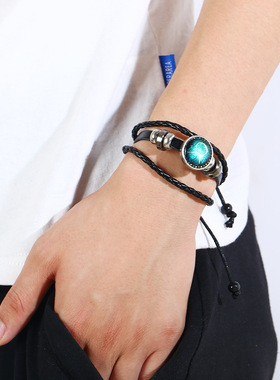 欧美饰品夜光十二星座情侣牛皮手链简约diy多层编织星空皮革手链