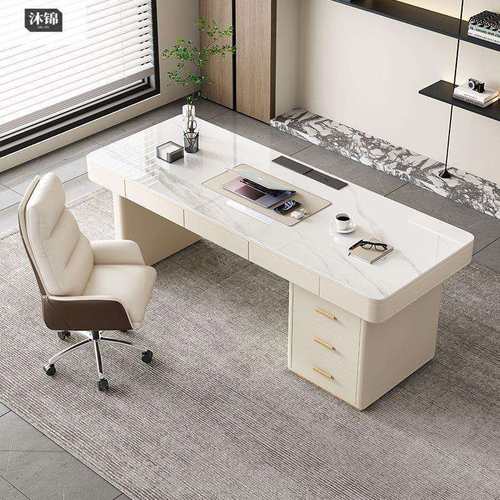 意式极简约设计师办公电脑桌写字台轻奢现代岩板书桌家用卧室书房 - 图0