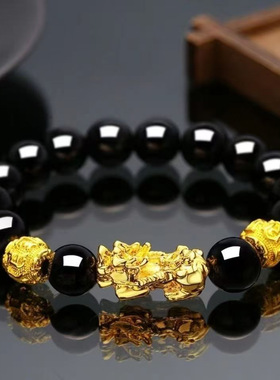 爆款金色貔貅手链男女仿3D硬金99黑曜石招财佛珠手链现货天然手链