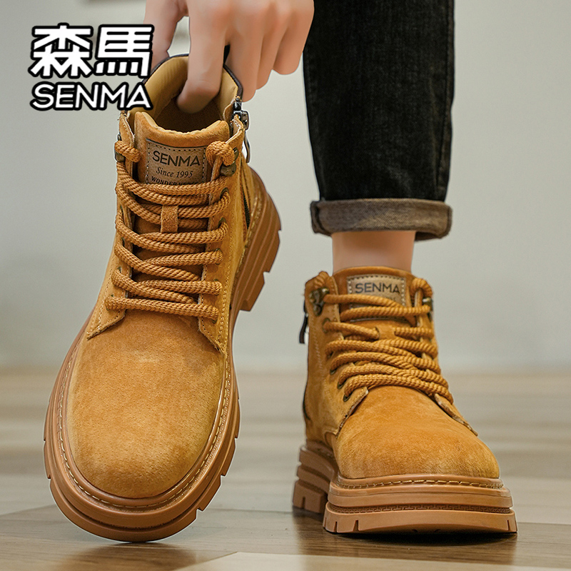 森马马丁靴男冬季复古英伦风大黄靴子高帮户外运动登山工装靴子 - 图1