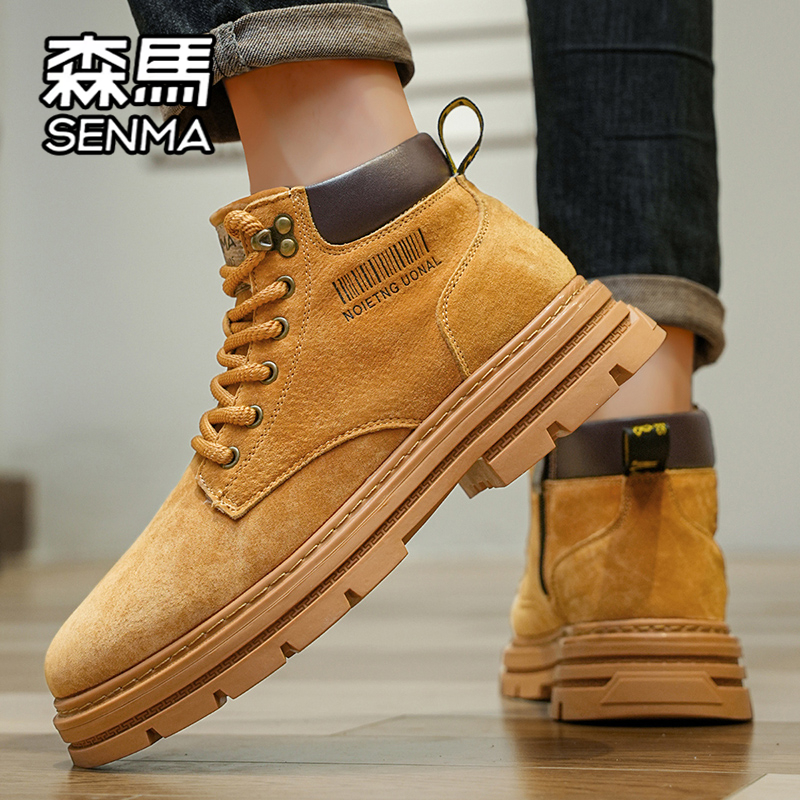 森马马丁靴男冬季复古英伦风大黄靴子高帮户外运动登山工装靴子 - 图2