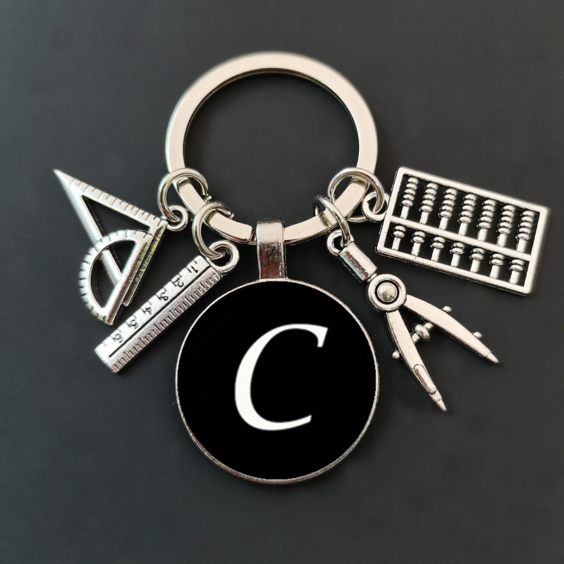 网红26 letter glass keychain, compass triangle ruler pendant - 图1