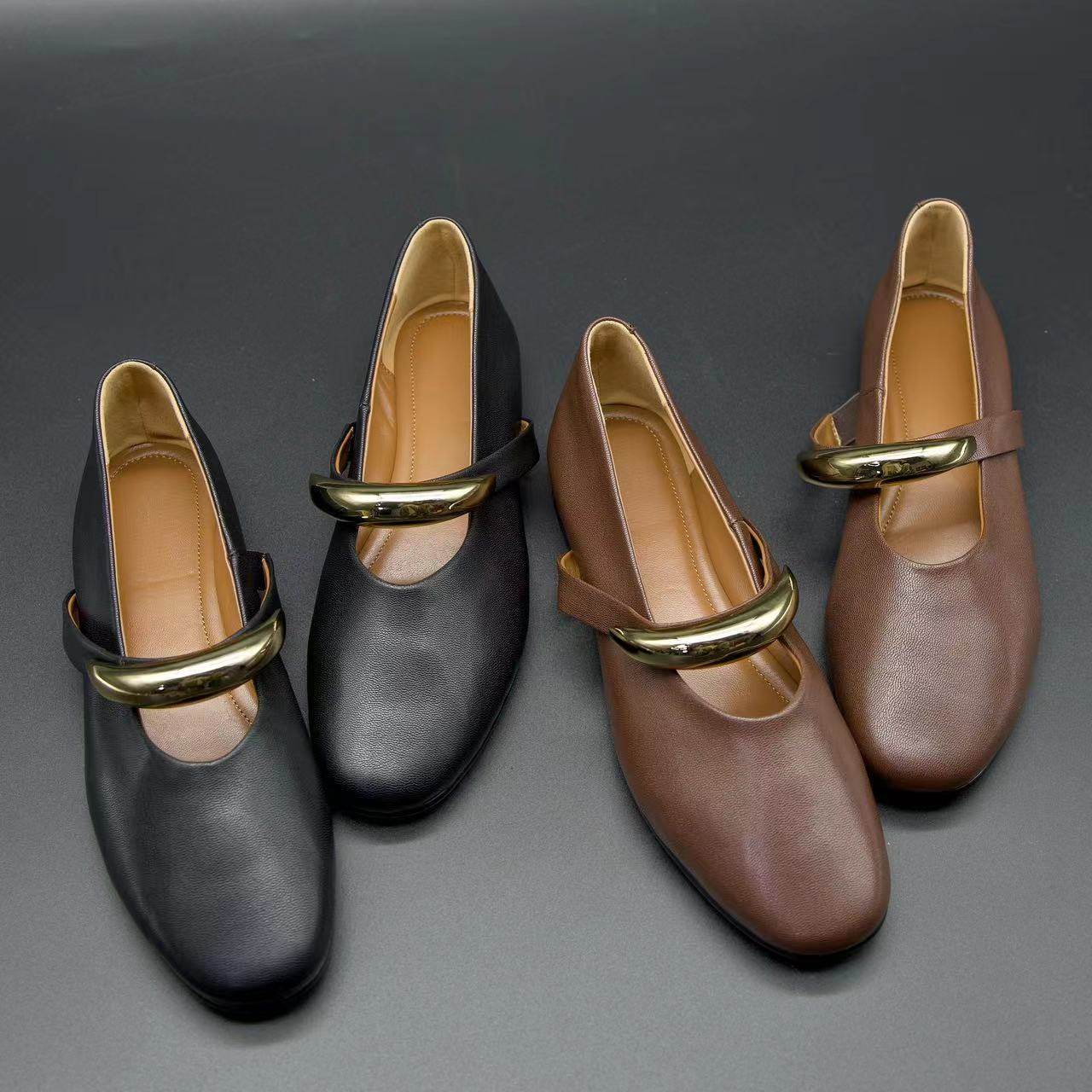 法式复古气质单鞋女金属春秋新款软皮百搭玛丽珍鞋浅口奶奶芭蕾鞋