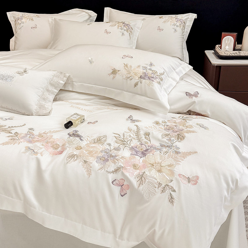 轻奢风A类200支长绒棉四件套全棉花卉刺绣被套床单纯棉床上用品