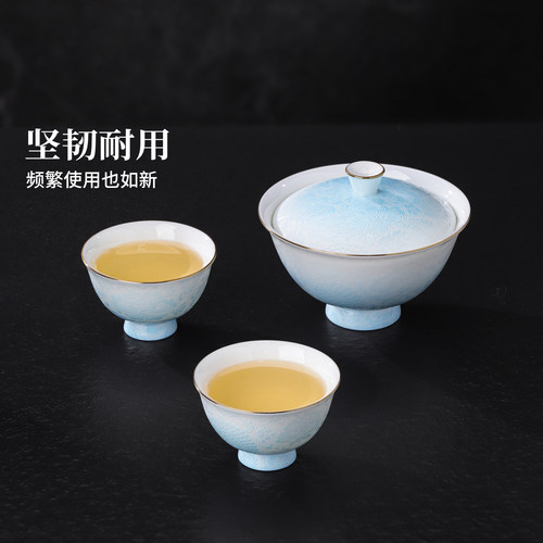 景德镇官方陶瓷扒花十二花神盖碗套装中式功夫茶具泡茶碗高档礼盒 - 图3