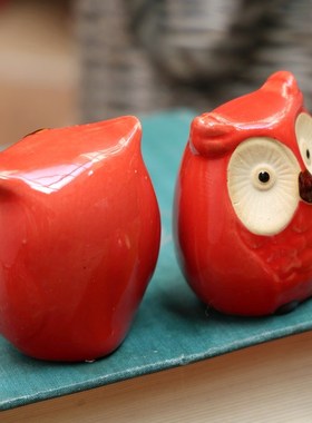 极速美式三只红色猫头鹰桌面小摆件家居装饰品创意W客厅酒柜陶瓷