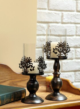 极速欧式复古黑色做旧铁艺玻璃烛台餐桌氛围感罗马V柱节日家居装