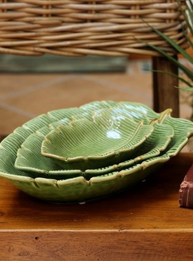 极速复古创意南亚风格芭蕉叶陶y瓷盘果盘瓜子碟杂物盘绿色树叶装