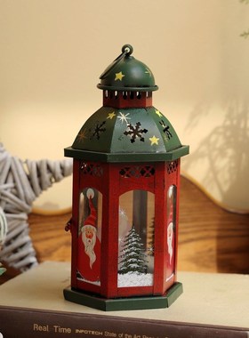 极速欧式复古圣诞节铁q艺玻璃烛台手提风灯蜡烛防风提灯家用装饰