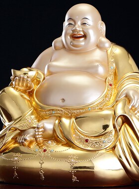 新品弥勒佛菩萨大肚笑佛招财摆件台D湾全铜贴金手工镶宝客厅供奉
