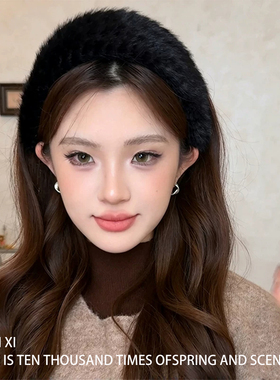 美拉德毛绒编织纹理帽子发箍女韩系秋冬复古宽边高颅顶显脸小发箍