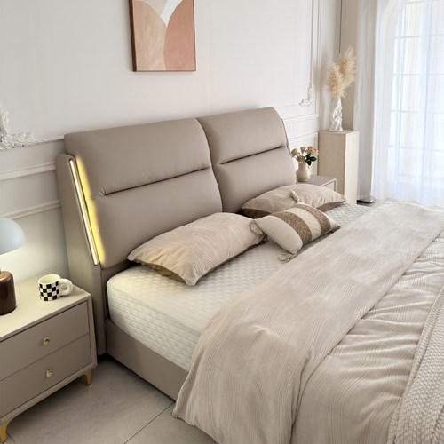 意式真皮床2米x2米2主卧大床现代轻奢高级感1米8皮艺软包储物婚床 - 图0