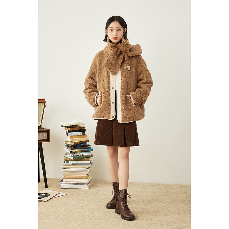 茵曼可爱冬季可拆卸小兔围脖宽松 茵曼一零一度棉衣/棉服