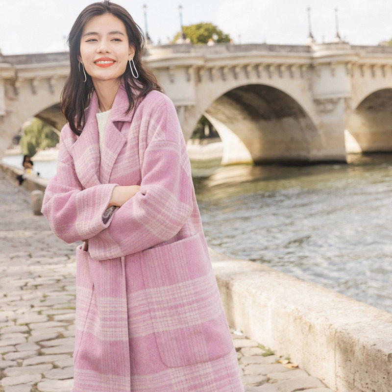 【商场同款】茵曼冬装格纹大双排扣 茵曼一零一度毛呢外套