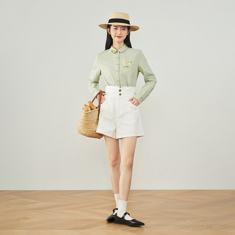 茵曼2022春季新款甜美刺绣娃娃衬衫 茵曼一零一度衬衫