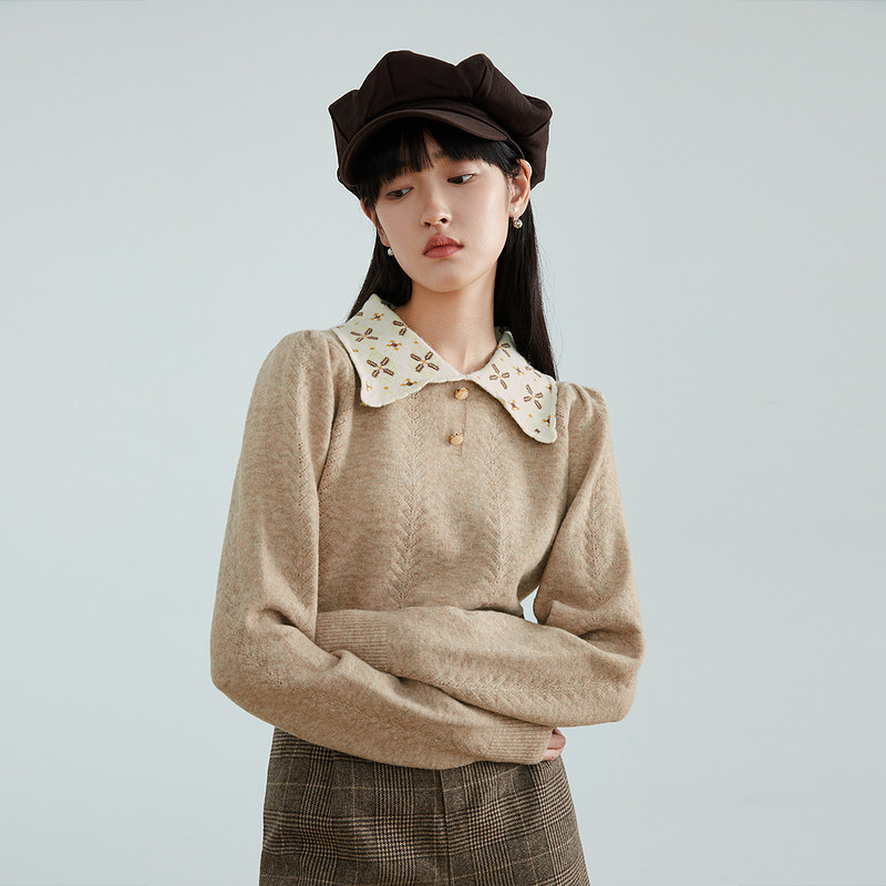 茵曼秋冬2021年撞色翻领小清新毛衣 茵曼一零一度毛衣