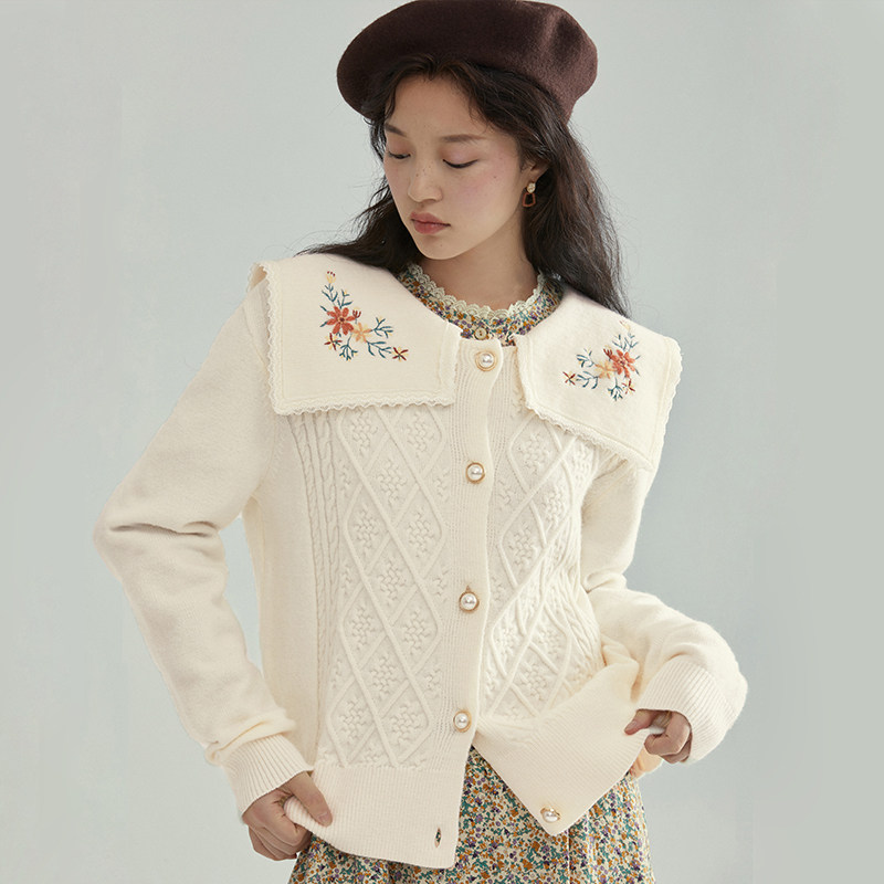 茵曼旗舰店外套女2021秋刺绣毛衣 茵曼一零一度毛衣