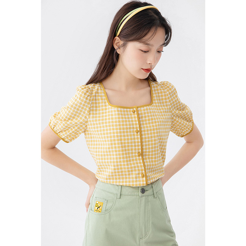 茵曼夏装新款显瘦方领复古格纹衬衣 茵曼一零一度衬衫