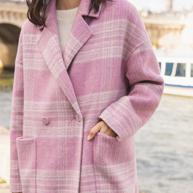 【商场同款】茵曼冬装格纹大双排扣 茵曼一零一度毛呢外套