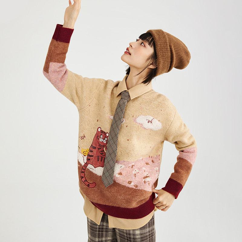 茵曼休闲冬季圣诞新款撞色圆领毛衣 茵曼一零一度毛衣