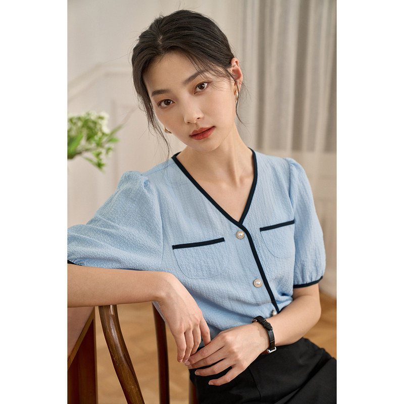 茵曼小香风v领女士2022新款衬衫 茵曼一零一度衬衫