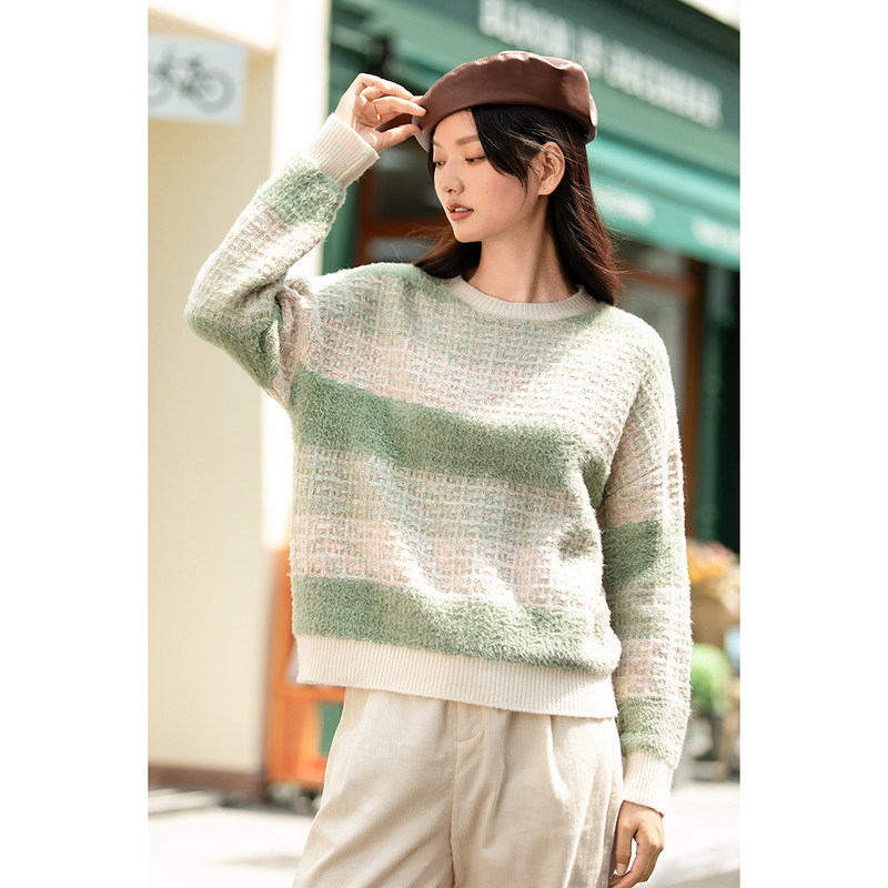 茵曼冬装新款撞色条纹百搭套头毛衣 茵曼一零一度毛衣