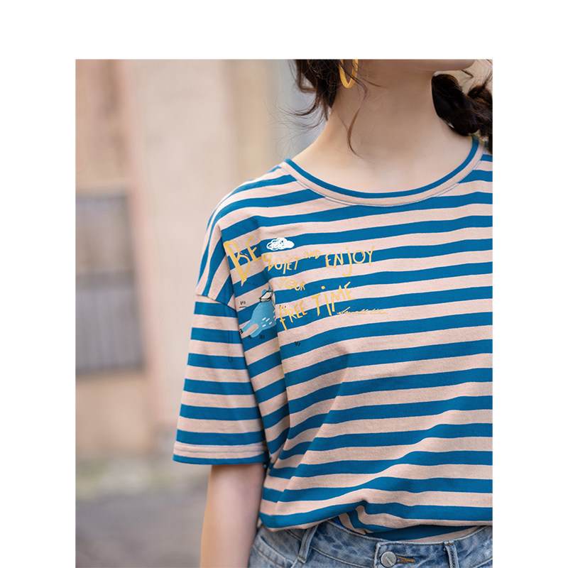 茵曼纯棉活力条纹落肩印花宽松t恤 茵曼一零一度T恤
