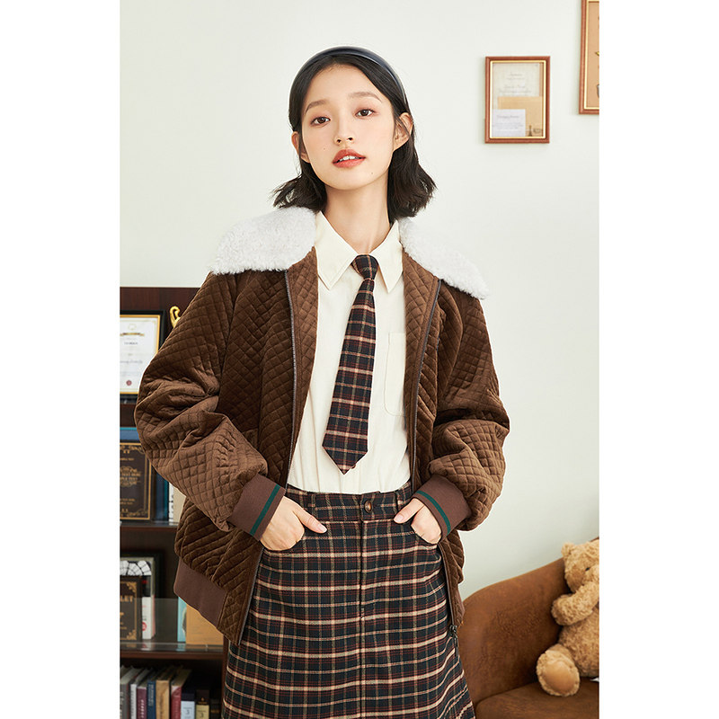 茵曼小个子女菱格2021冬新款短外套 茵曼一零一度棉衣/棉服