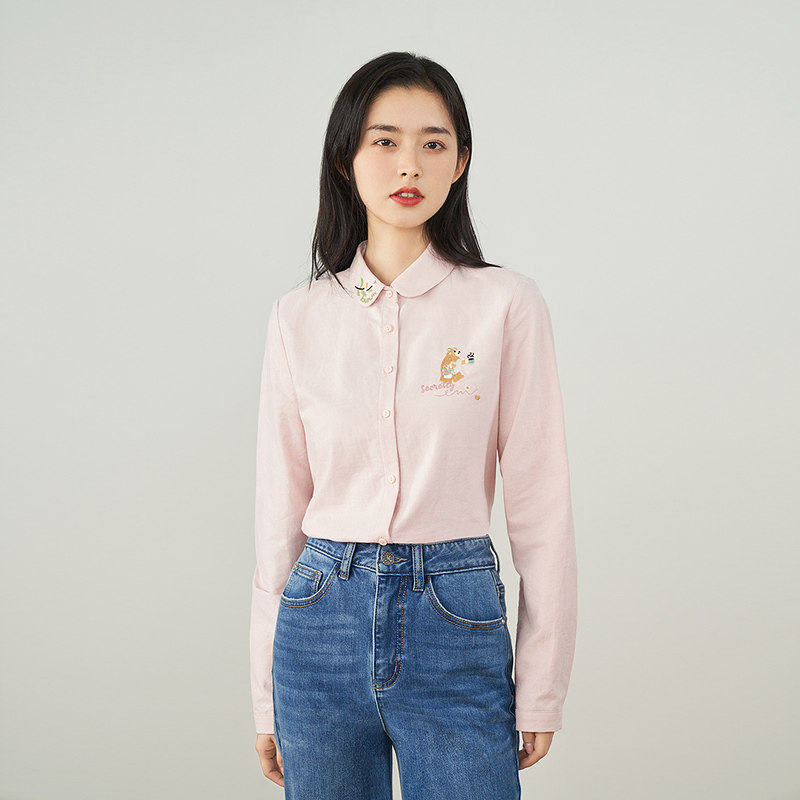 茵曼2022春季新款甜美刺绣娃娃衬衫 茵曼一零一度衬衫