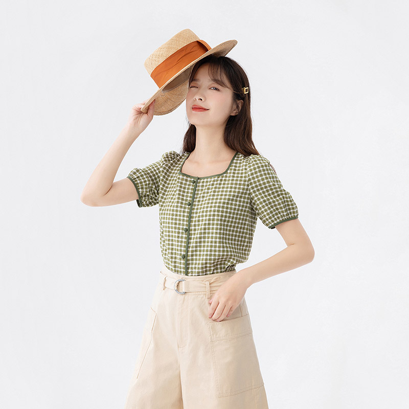 茵曼夏装新款显瘦方领复古格纹衬衣 茵曼一零一度衬衫