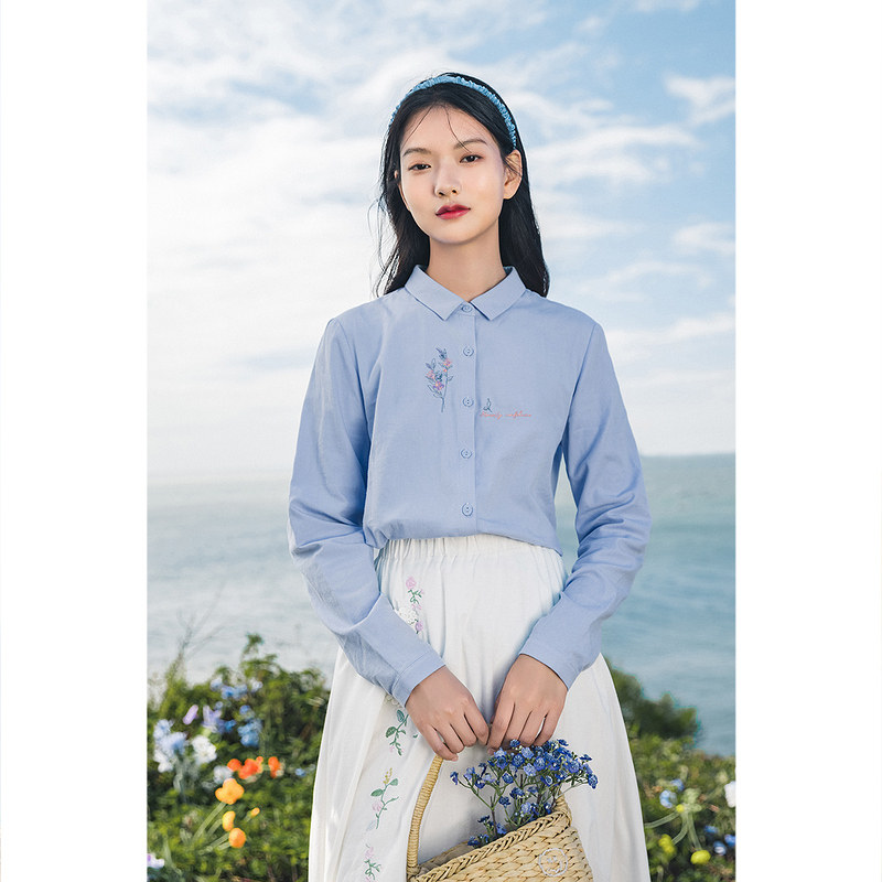 茵曼旗舰店长袖绣花复古纯棉衬衫 茵曼一零一度衬衫