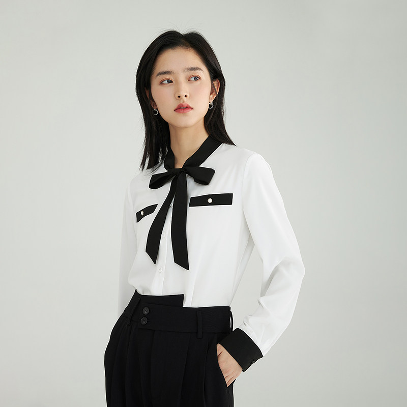 茵曼宽松2022春季新款长袖系带衬衣 茵曼一零一度衬衫