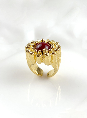 西班牙小众设计金色纹理戒指女红色夸张开口指环轻奢高级感