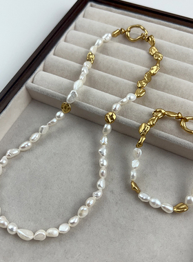 法式复古哑光金色项链巴洛克珍珠锁骨链百搭项链手链女