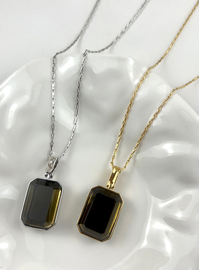 法国小众设计方形茶玻璃吊坠项链长款夸张茶玻璃戒指个性时尚大气