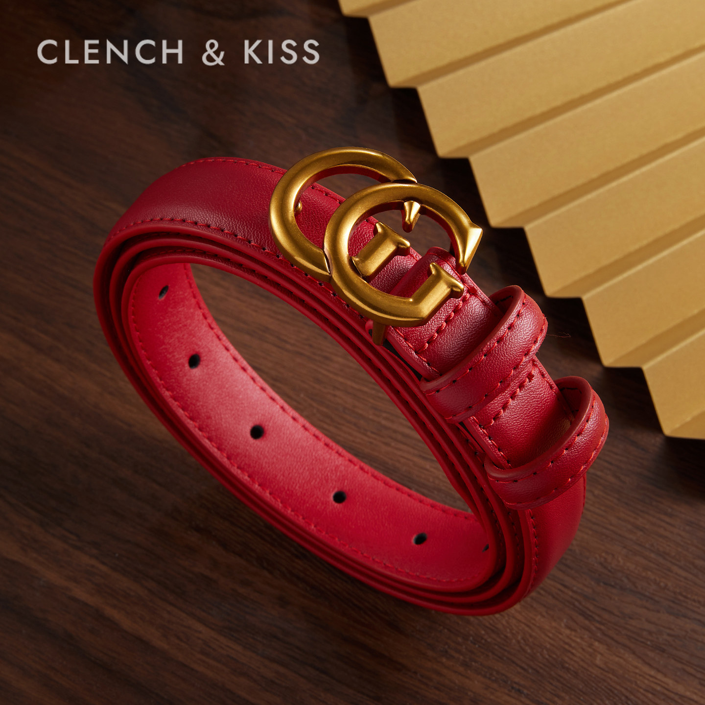 Clench Kiss官网正品真皮皮带女红色小众细腰带装饰配牛仔高级感