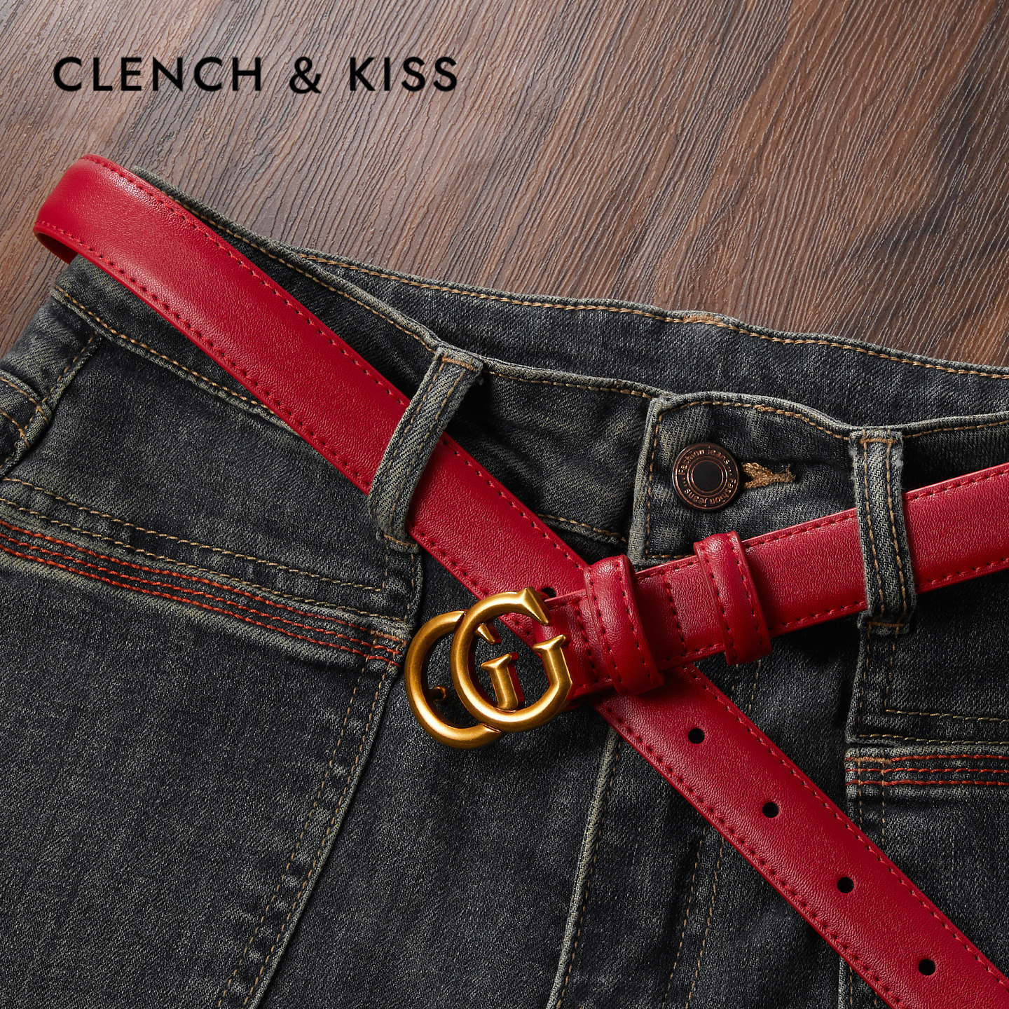 Clench Kiss官网正品真皮皮带女红色小众细腰带装饰配牛仔高级感