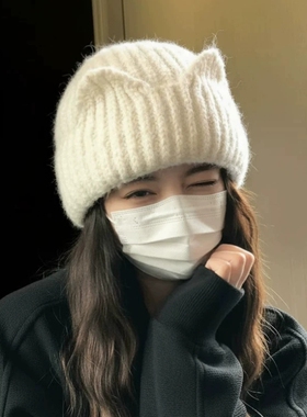 高颜值针织猫耳帽子女款2026新款秋冬保暖可爱百搭显脸小毛线帽子