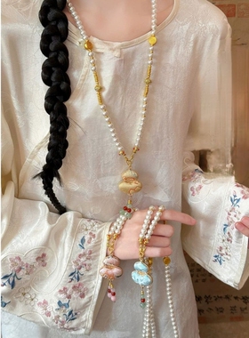 ［福禄双喜］宋锦葫芦珍珠项链女款新中式国风长款毛衣链旗袍配饰