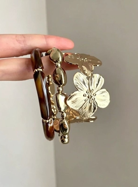 鎏金浅夏~Vintage古着金色花朵手镯女复古高级感叠戴手环度假手饰