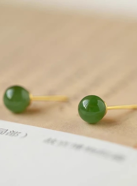 轻奢天然和田玉耳钉女S925菠菜绿碧玉小众设计感高级玉石耳环